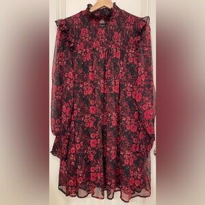Miami Black Red Floral Long Sleeve Ruffle Dress